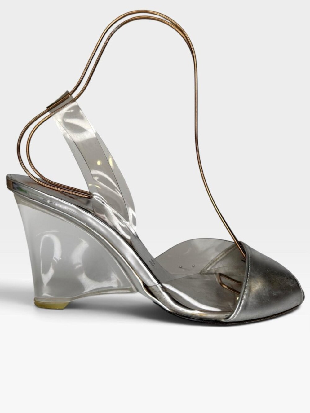 Vintage Stuart Weitzman 37.5 Wire-Cage Clear Vinyl Wedge Sandals Silver Lucite